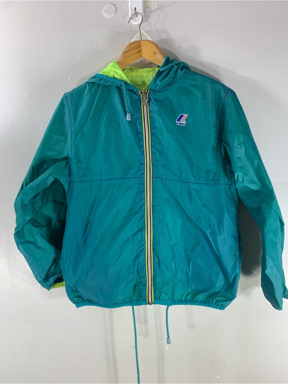 Vintage K way Teal blue and lime green hooded windbreaker jacket colorblock nyko